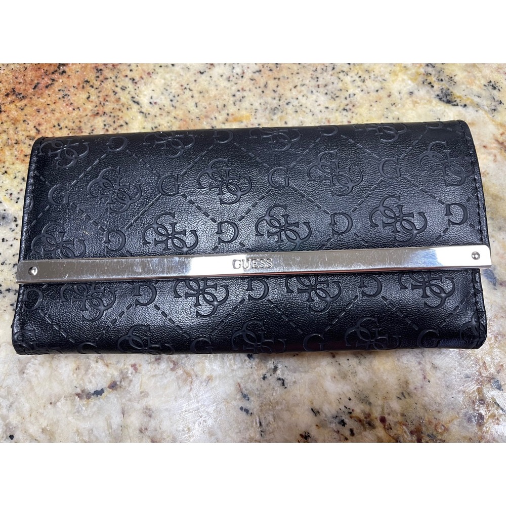 Women's Guess Black Embossed 4G Logo Tri-Fold Wallet Silver Tone Logo Bar